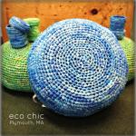 Indoor/ outdoor floor cushions and home accents made from recycled plastic bags. These cushions are made by hand from 900 recycled plastic bags. Strong, durable, comfortable and eco-cool!